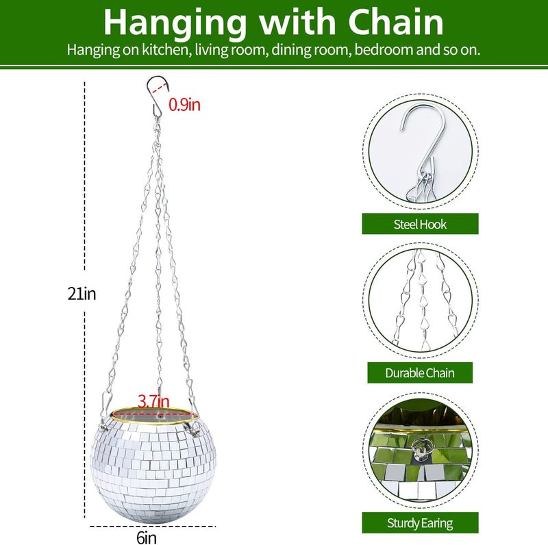 FGBNM 6" Disco Ball Planter, Disco Ball Plant Hanger with Hanging Rope, Hanging Chain, Hook, Circle and Extra Mirror Pieces - Image 5